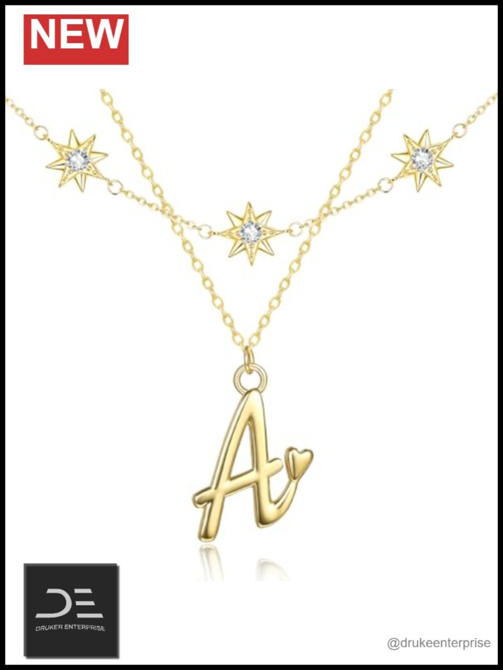 14K Gold Plated Initial A Layered Star Pendant Necklace with Zircon